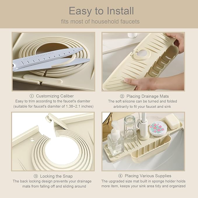 Silicone Faucet Mat with Sponge Holder, Sink Splash Guard, Faucet Draining Mat for Kitchen Bathroom, 5° Slope Split-flow Drainage, Sink Dry and Tidy Organizer, Beige