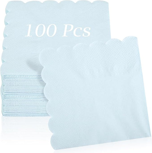 100 Pcs Cocktail Napkins, 2-Ply 5 x 5 Inches Disposable Scalloped Napkins, Thick Premium Dessert Napkins for Party, Wedding, Dinner, Birthday, Anniversary, Festival (Light Blue)