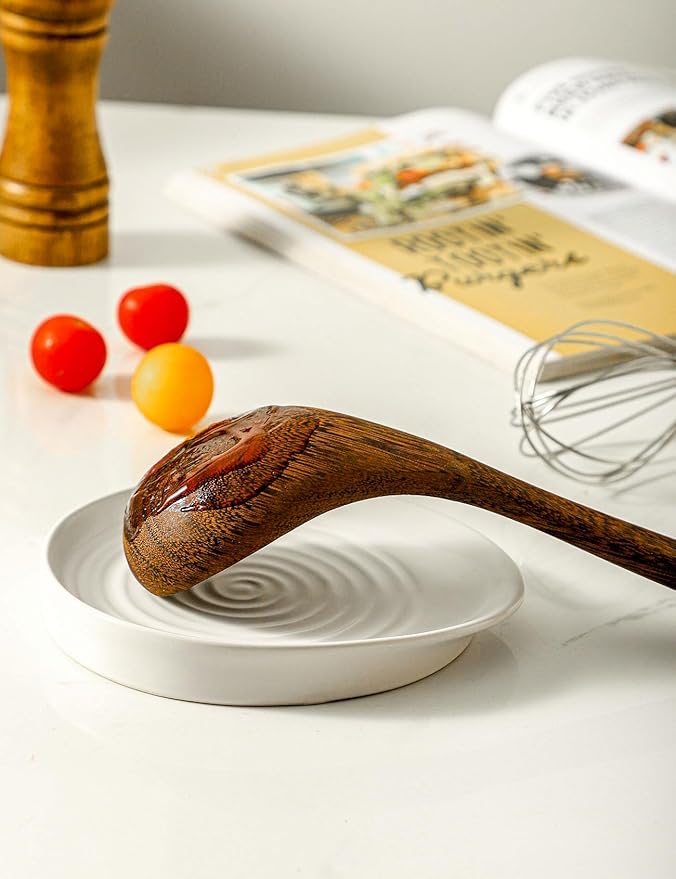 Ceramic Spoon Rest for Stove Top, Spoon Holder for Kitchen Counter, Farmhouse Cooking Utensil Holder for Spoons, Ladles, Spatula, Matte White