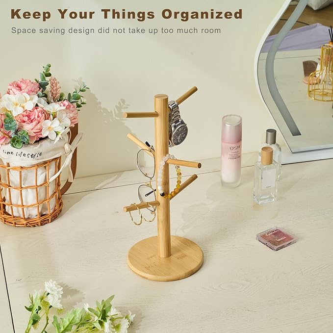Bamboo Mug Tree for Counter, 6 Hooks Detachable Coffee Mug Holder, Decorative Mug Racks for Coffee Bar Organizer