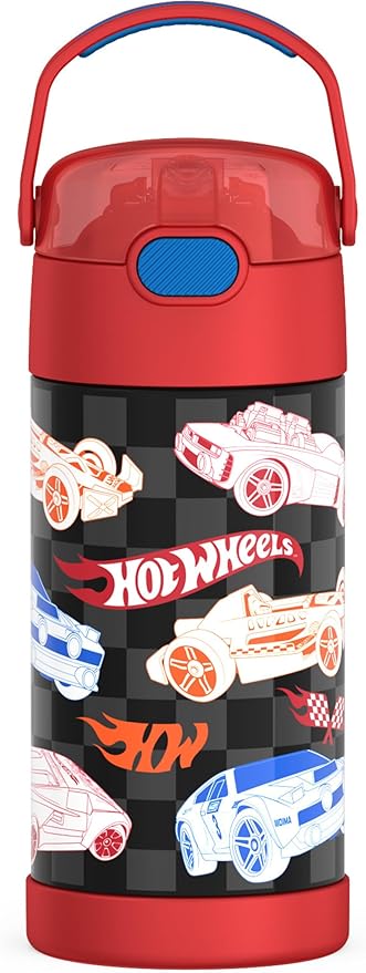 THERMOS FUNTAINER Water Bottle with Straw - 12 Ounce - Kids Stainless Steel Vacuum Insulated Water Bottle with Lid, Hot Wheels