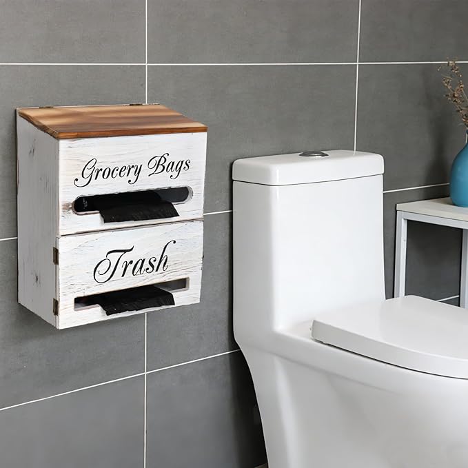 2 in 1 Trash Bag Dispenser, Double Wall Mounted,Wood Trash Bag Holder, used in kitchen, garage, laundry room, can store Environmentally friendly food bags (Vintage/Large(10inch*5.5inch*12.2inch）)
