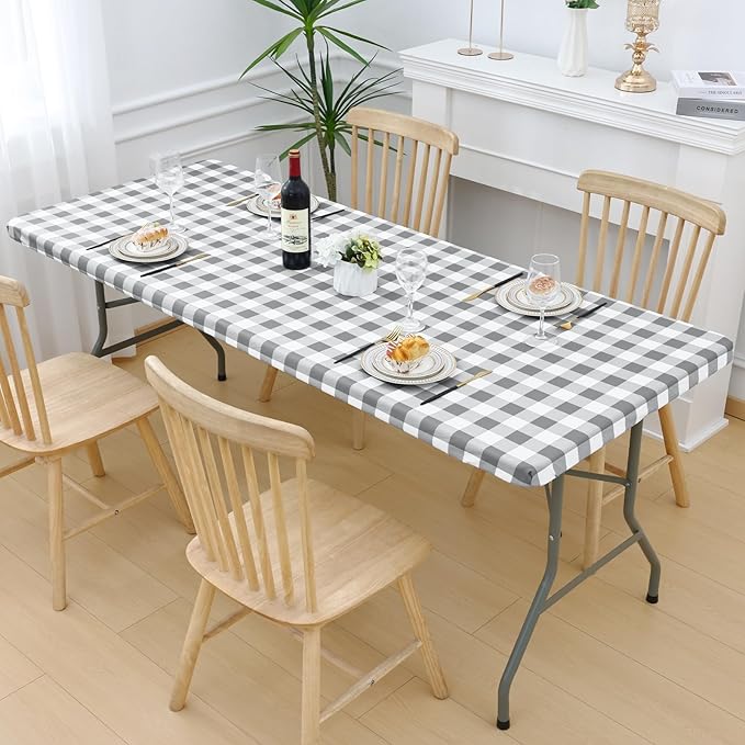 Smiry Picnic Table Cloth 2 Pack, Waterproof Elastic Fitted Tablecloths for 5FT Rectangle Tables, Washable Polyester Buffalo Plaid Tablecloth for Camping, Dining & Outdoor (Grey & White, 30" x 60")