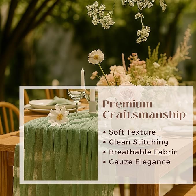 6 Pack Sage Green 10FT Cheesecloth Table Runners –120 Inch Rustic Gauze Bulk Set for Wedding Reception, Woodland Baby Shower, Garden Party, or Boho Spring Event Decor