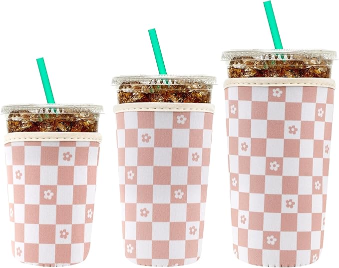 YR Reusable Neoprene Insulator Sleeve for Iced Coffee Cups, 3 Pack Coffee Coolies sleeves for Iced & Hot Drinks, Cold Beverage Cooler Compatible with Starbucks Coffee and More (Floral Checkered)