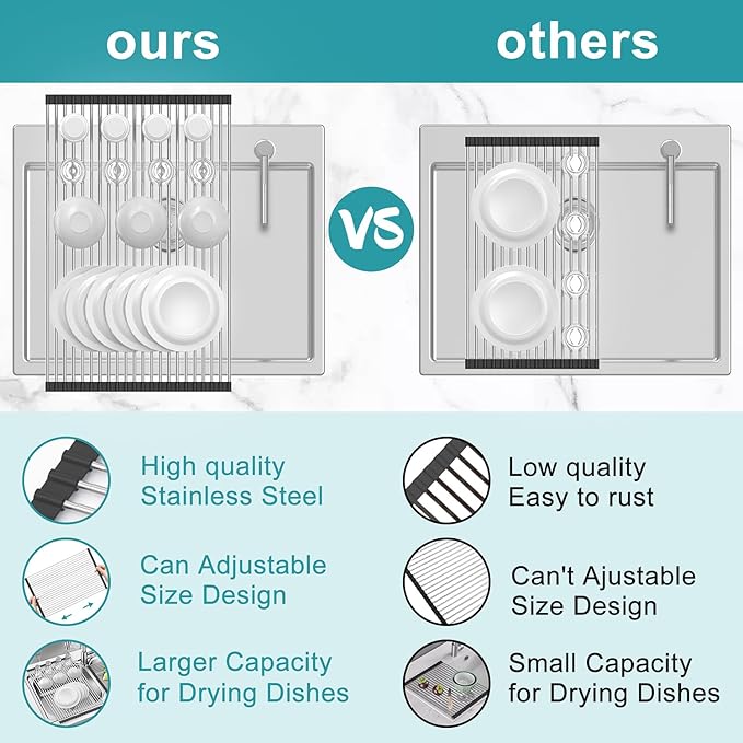 BBXTYLY Extra Large Expandable Roll Up Dish Drying Rack,Over The Sink Drying Rack Sink Cover Kitchen Sink Accessories Kitchen Rolling up Stainless Steel Drainer, Foldable,Rollable（Black，25.1''-17.3''）