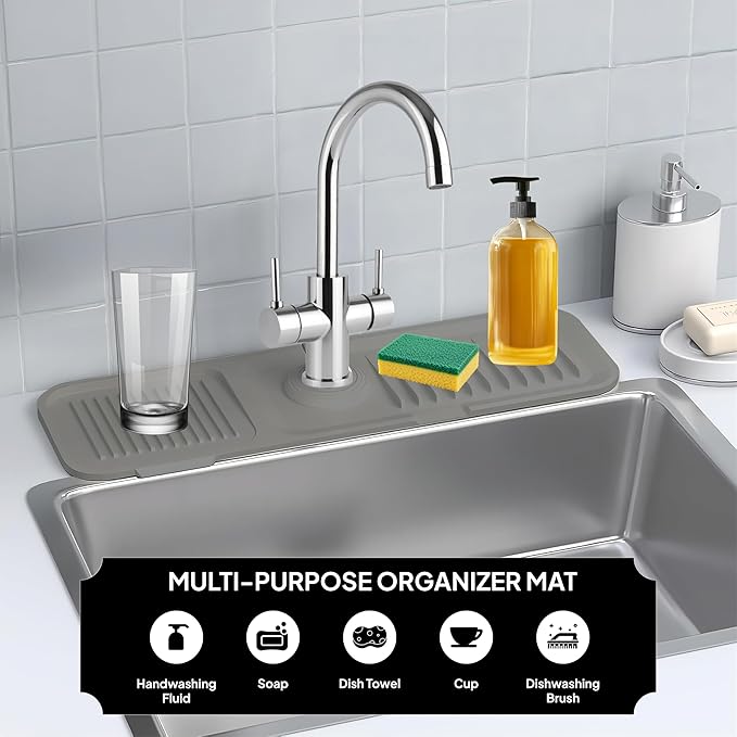 17 Inch Silicone Faucet Mat for Kitchen Sink Splash Guard & Draining Tray Sink Protector with Soap & Sponge Holder Grey (Purest Peak)