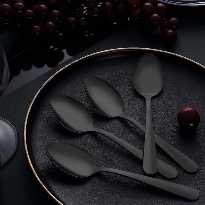 Unokit 24-Piece Tea Spoons Set Silverware - 7.4 inch Stainless Steel Spoon, Dessert, Table, Silverware Spoons Only for Home, Kitchen or Restaurant - Mirror Polished, Dishwasher Safe, Black