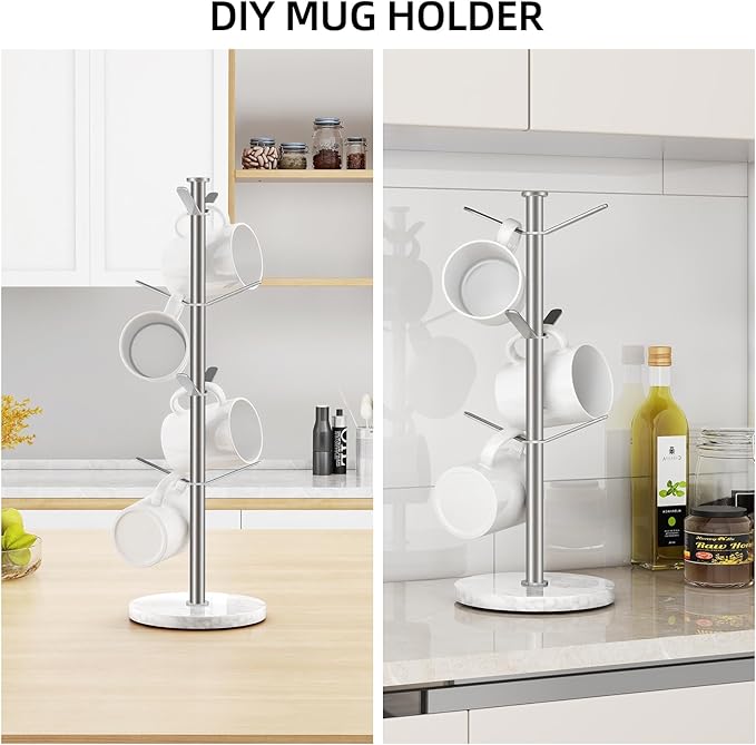 Gypie Marble Mug Holder Tree, 8 Hooks Brushed Nickel Coffee Cups Stand, New Upgraded Stable Mug Stand for Kitchen Counter Cabinet Cafe