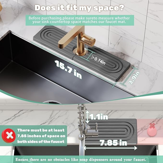 15.7'' Long Stone Faucet Mat for Kitchen Sink-Diatomite Quick Dry Kitchen Sink Splash Guard,Super Absorbent,Drying Stone Sink Tray,Sink Stone Quick Dry Around Faucet For Bathroom Counter (Dark Gray)