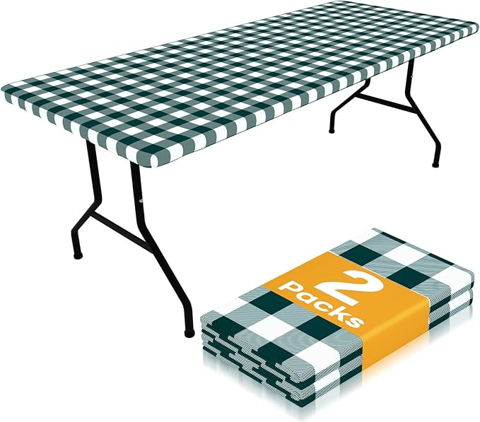 Smiry Picnic Table Cloth 2 Pack, Waterproof Elastic Fitted Tablecloths for 8FT Rectangle Tables, Washable Polyester Buffalo Plaid Tablecloth for Camping & Outdoor (Emerald Green & White, 30" x 96")