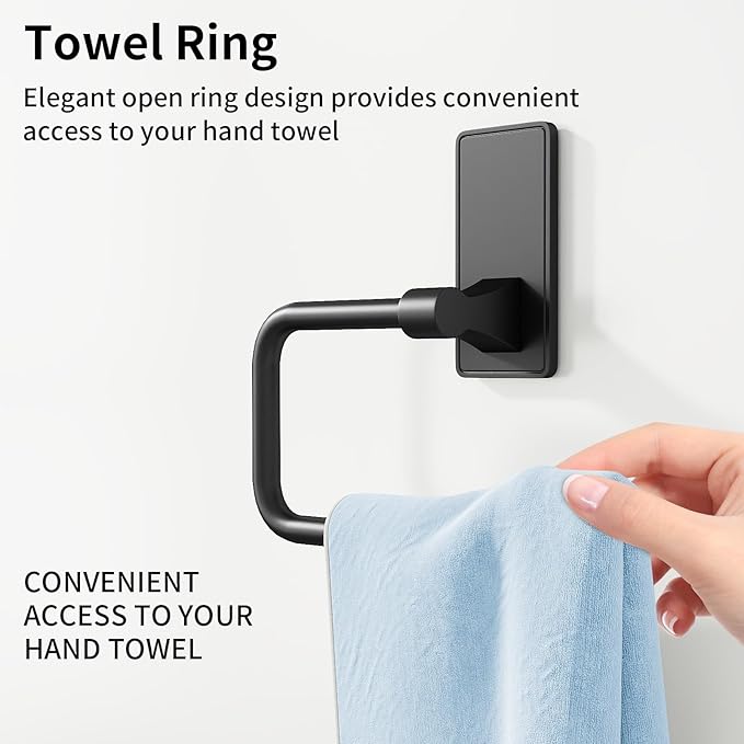 Towel Ring, Bathroom Hand Towel Holder,Metal Towel Hangers Wall-Mounted Hand Towel Rack for Bathroom, Easy to Adhesive, Matte Black