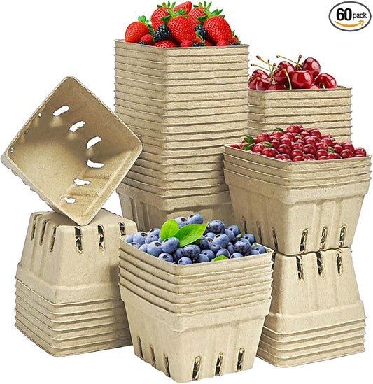 60 Pack Natural Pulp Fiber Berry Basket，Small Molded Produce Vented Basket Kitchen Supplies for Strawberry Blueberry Raspberry, Fruit Tray for Fruit Vegetable Farmer Market Grocery (60 Pack)