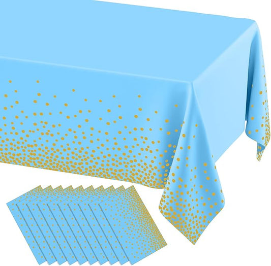 misaya 10 Packs Dot Disposable Table Cloth, 54 x 108 Inch Waterproof Plastic Tablecloth, Rectangle Gold Dots in Light Blue Table Covers for Picnic, Birthday, Party