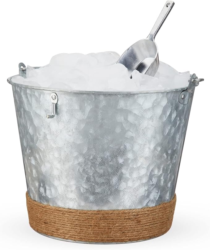 Twine Farmhouse Ice Bucket with Scoop - Beverage Tub Wrapped with Rope for Parties - Galvanized Metal Bucket Cooler & Drink Tub Holds 1 Gallon