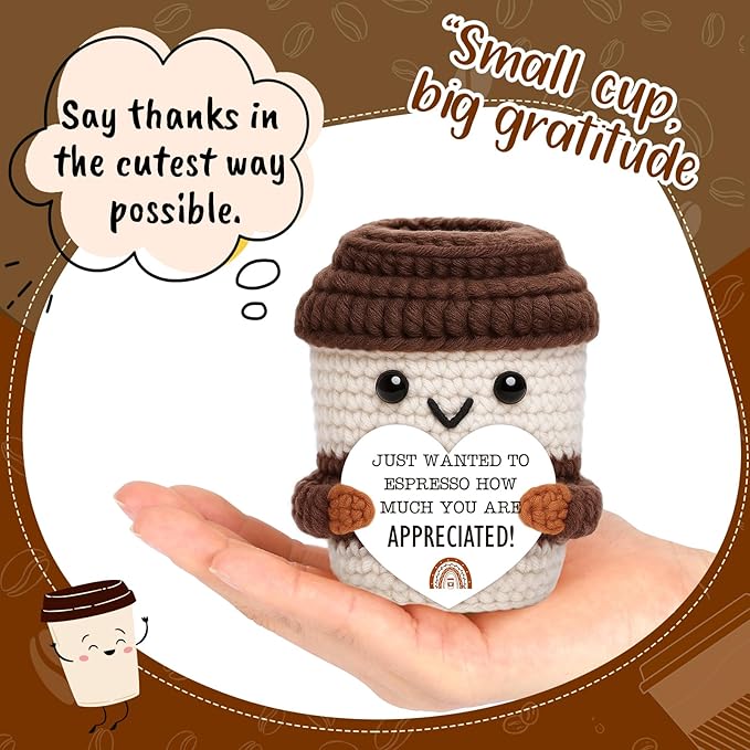 OCCdesign Mini Appreciation Gift for Women Men Coworkers Teachers Boss Nurses Handmade Crochet Coffee Cup Thank You Gift for Friends Roommates Staff Employees Volunteers Birthday Office Desk Decor