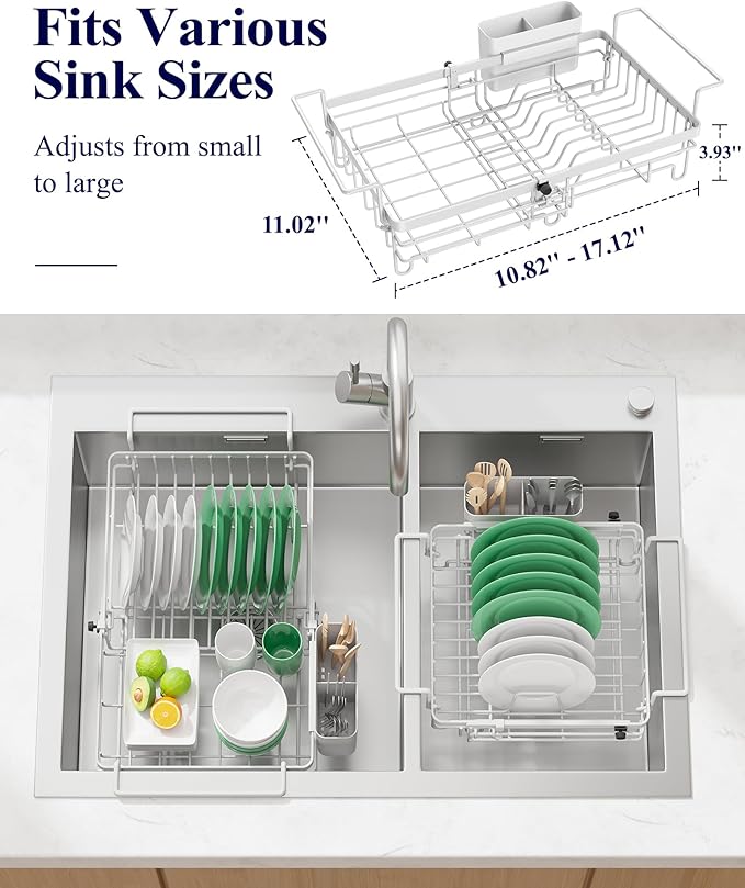 Kitsure Dish Drying Rack – Expandable in-Sink or Over-Sink Dish Rack for Kitchen Counter, Rust-Resistant Metal Dish Strainer with Cutlery Holder, 10.82"-17.12" L x 11.02" W x 3.93" H, White