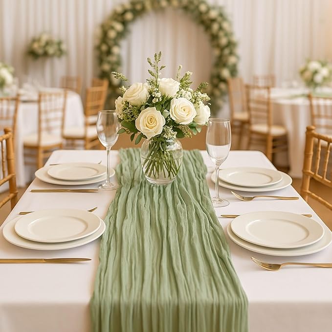 10FT Sage Green Cheesecloth Table Runner – 120 Inch Gauze Table Decor for Rustic Wedding, Garden Baby Shower, Farmhouse Bridal Brunch or Boho Home Styling