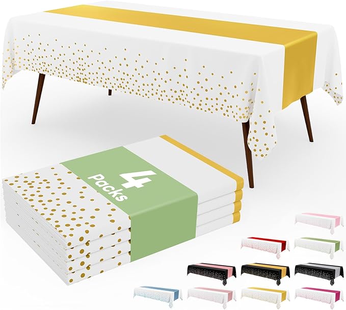 Smiry Plastic Table Cloth Disposable 4 Pack, 54 x 108 Inch Rectangle Waterproof Tablecloth, Printed Gold Table Runner Style for Birthday Weeding, Party Decorations, Leakproof & Sturdy, White and Gold