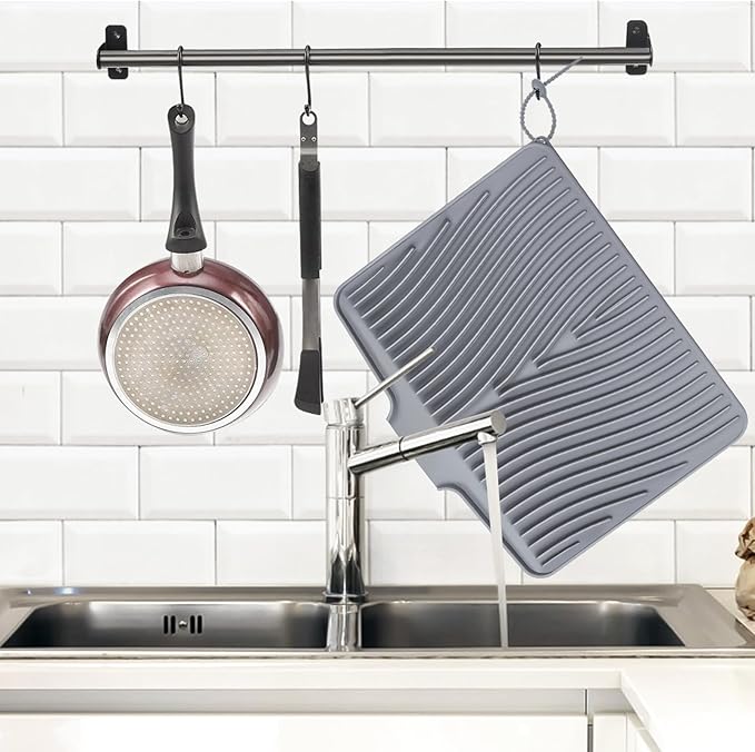 Silicone Dish Drying Mat, Stone Drying Mat for Kitchen Counter with Built-In Drain, Non-Slip Drain Pad with Built-in Drain, Heat Resistant Stone Drying Mat, Hangable, Grey-2pcs, 20" x 15"