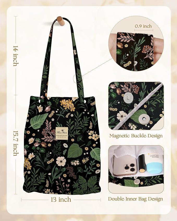 Miss Adola Corduroy Tote Bag for Women - Reusable Totes with Magnetic Buckle & Pocket Aesthetic Design Work Grocery Bags