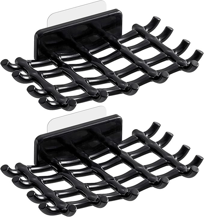 Soap Bar Holder for Shower Wall, Self Draining Soap Dish with Hooks, No Drilling, Bathtub Kitchen Sink Waterproof Adhesive Wall Mounted Dish (2 Pack, Black)