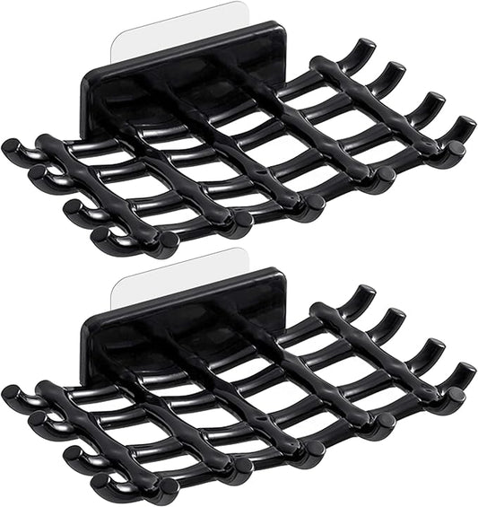 Soap Bar Holder for Shower Wall, Self Draining Soap Dish with Hooks, No Drilling, Bathtub Kitchen Sink Waterproof Adhesive Wall Mounted Dish (2 Pack, Black)