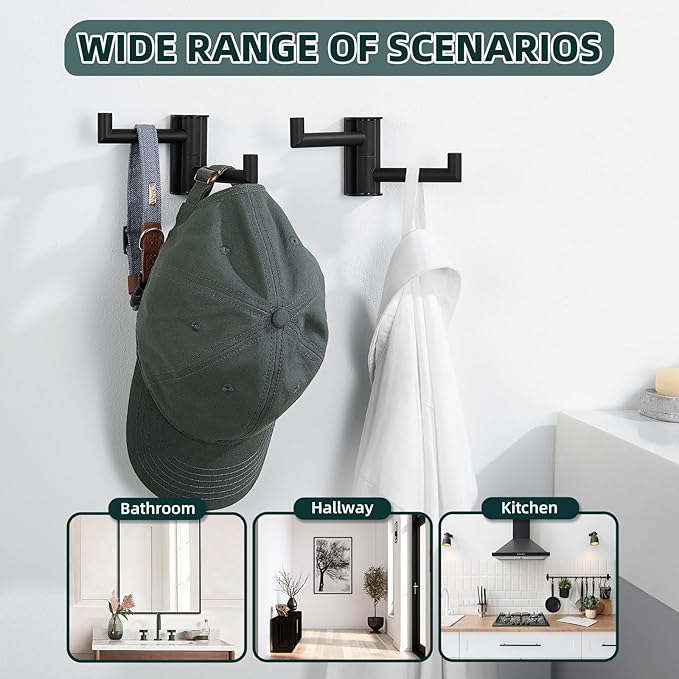 Angle Simple Swivel Towel Hook Matte Black 2 Pack, 304 Stainless Steel Double Robe Hook for Bathroom