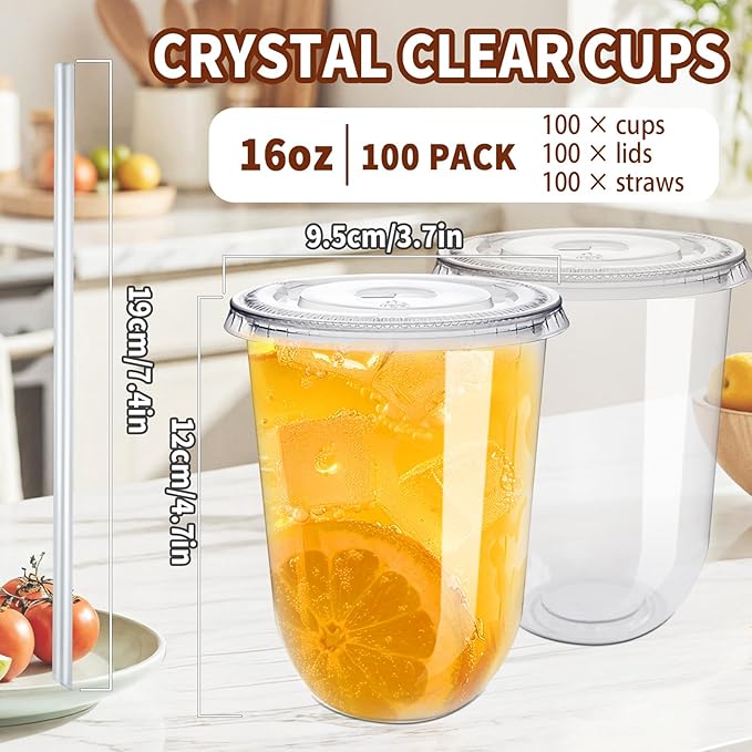 Alaeseje 100 Pack Clear Plastic Cups with Lids and Straws,16 oz Disposable Iced Coffee Cups,PET Crystal Cups,Round Bottom To Go Cup for Iced Coffee Juice Smoothie Cold Beverage