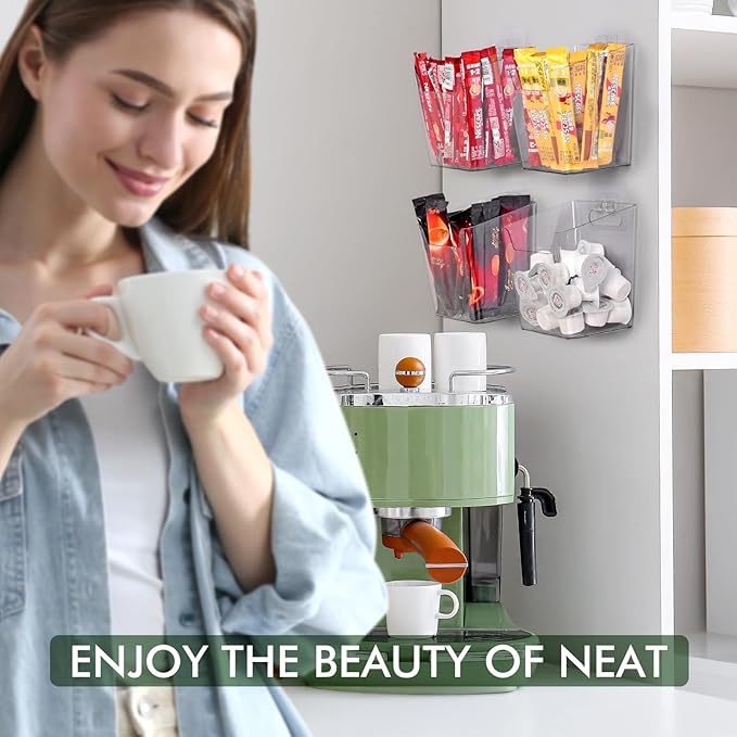 Clear Adhesive Wall Storage Bins, 4 Pack Cabinet Door Organizer Holders, Hanging Wall Mount Pockets, Plastic Cups for Shower Bathroom Makeup Office Craft Remote Kitchen Sink RV Organization (Medium)
