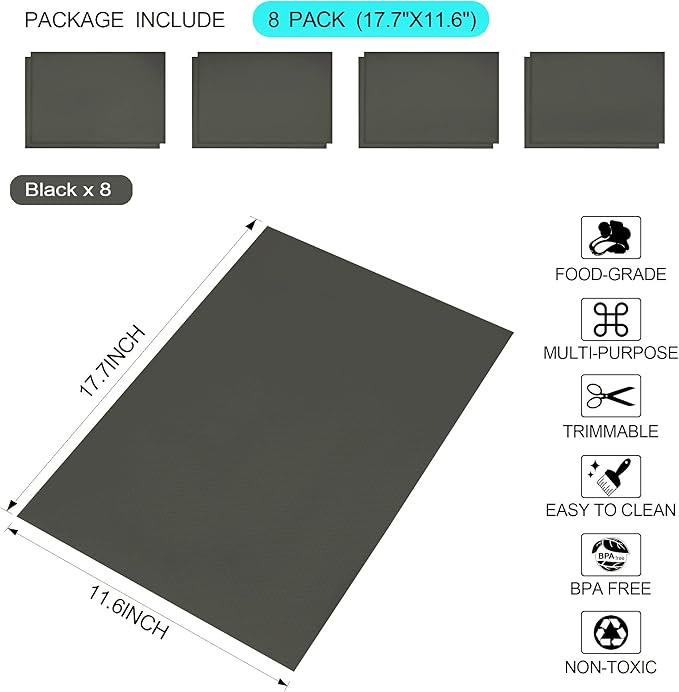 8 Pcs Refrigerator Liners Mats Washable, Refrigerator Mats Liner Waterproof Oilproof, Shinywear Fridge Liners for Shelves, Cover Pads for Freezer Glass Shelf Cupboard Cabinet Drawer (8 Black)