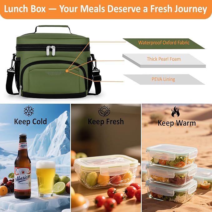 Vankor Large Insulated Lunch Bag for Men Women kids, Reusable Lunch Box kids Leakproof with Adjustable Shoulder Strap for Work Teacher School Picnic Beach Travel, Green