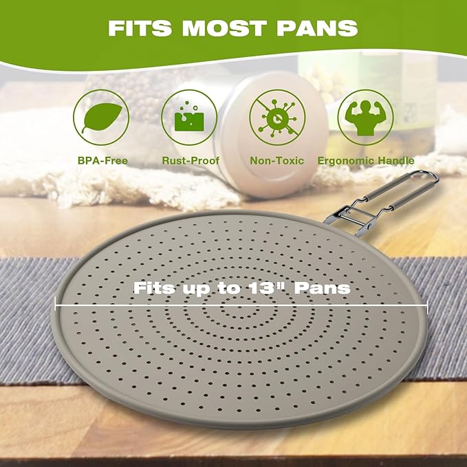 Silicone Splatter Screen for Frying Pan 13 Inch - Grease Splatter Guard with Foldable Handle, Dishwasher Safe & Never Rusts, Fits Most Pans for Stove Top & Bacon Cooking (2pcs)