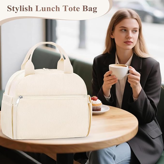 KUBYA Lunch Bag Lunch Box for Women, Cute Corduroy Insulated Reusable Work Leakproof Simple Adults Large Lunch Boxes Tote Bag Men Cooler Bag
