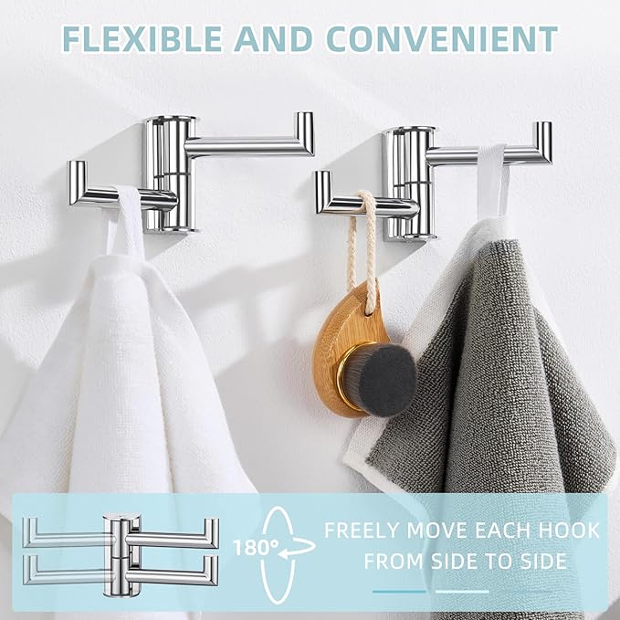 Angle Simple Swivel Hook for Towel Polished Chrome 2 Pack, 304 Stainless Steel Bathroom Towel Double Hook for Wall