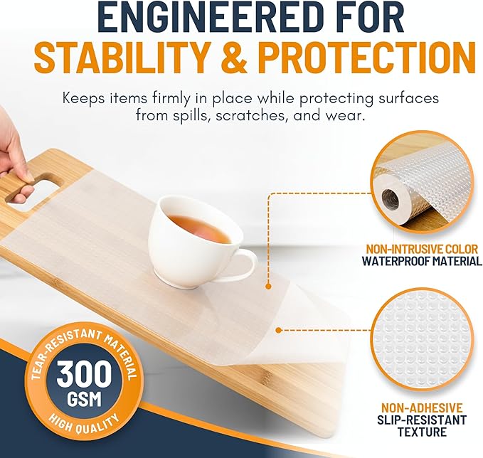 Shelf Liner Drawer Liner for Kitchen Cabinets Non-Adhesive by Linda’s Essentials (17.7 x 120 Inches) - Non-Slip Easy Clean Kitchen Cabinet and Cupboard Protector, Waterproof Mat, Clear Roll
