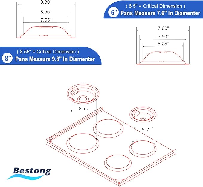 Chrome Range Drip Pans compatible with GE, Hotpoint and Kenmore Electric Stove - Replacement for WB31T10010, WB31T10011 (4 Pack, 2pcs 6" and 2pcs 8")