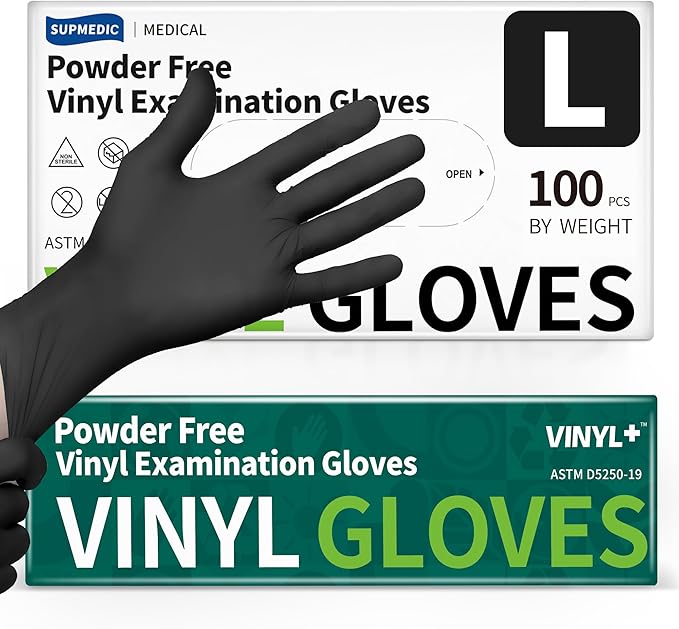 Supmedic Vinyl Disposable Exam Gloves, Black 4Mil Powder-Free Latex-Free Medical Food Safe Cooking Cleaning Glove 100 &1000Ct