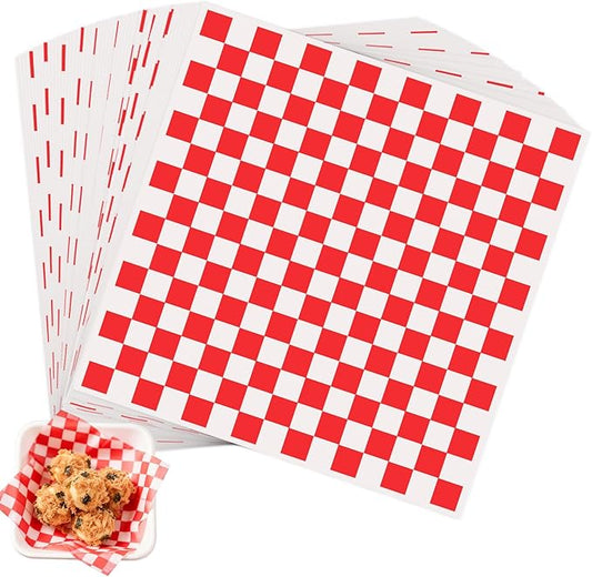 100pcs Waxed Deli Paper Sheets, 7x7" Food Basket Liners for Sandwiches, Burgers. Classic Checkered Deli Wrap Wax Paper Sheets by Neyimqr (Red)