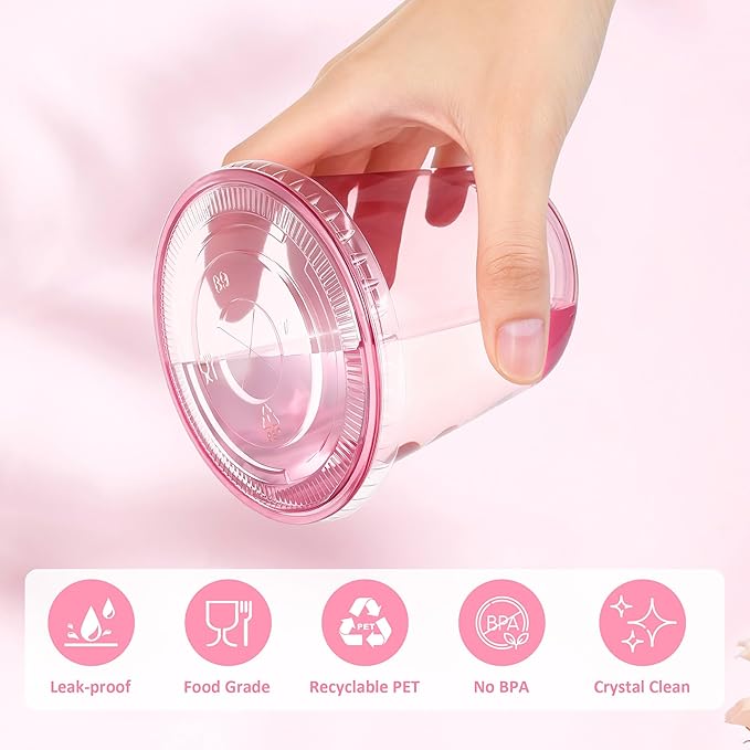 tchrules 100 Set 12oz Pink Plastic Cups with Lids & Straws, Disposable Iced Coffee Cup with Lid, Round Bottom Plastic To Go Cups for Cold Drinks Slushie Smoothie Valentine Galentine Party Supplies