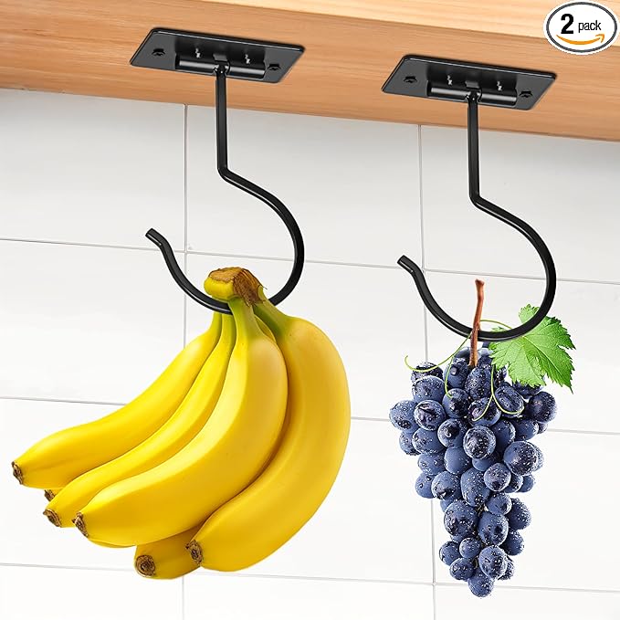2PCS Self Adhesive Banana Hook Under Cabinet Foldable Banana Hanger Black Metal Under Counter Banana Hook to Keep Bananas Fresh Banana Holder for Kitchen RV Space Saving