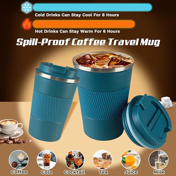 SPLMIFA Vacuum-Insulated Stainless Steel Travel Coffee Mug, Leak-Proof Reusable Coffee Cup with Lid - Keep Hot & Cold Drinks for Hours, Durable Insulated Tumbler for Men & Women(3rd-Blue, 12OZ)