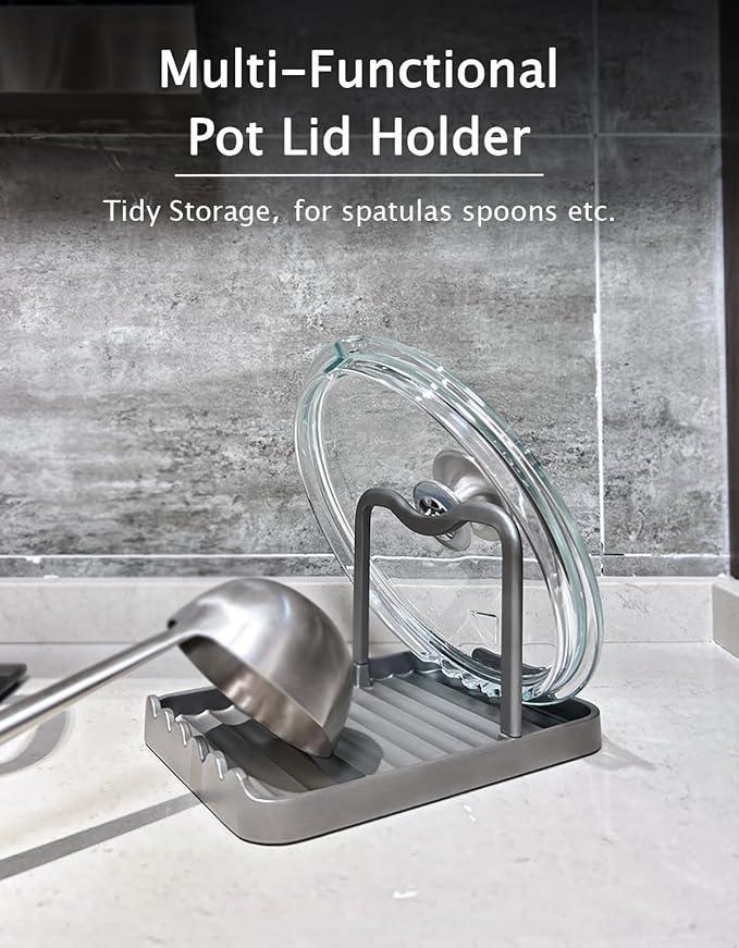 Anti-Rust Metal Spoon Rest with Lid Holder, Heat-Resistant Pot Lid Rest, Multifunctional Spatula Holder While Cooking for Stovetop and Kitchen Counter – Grey