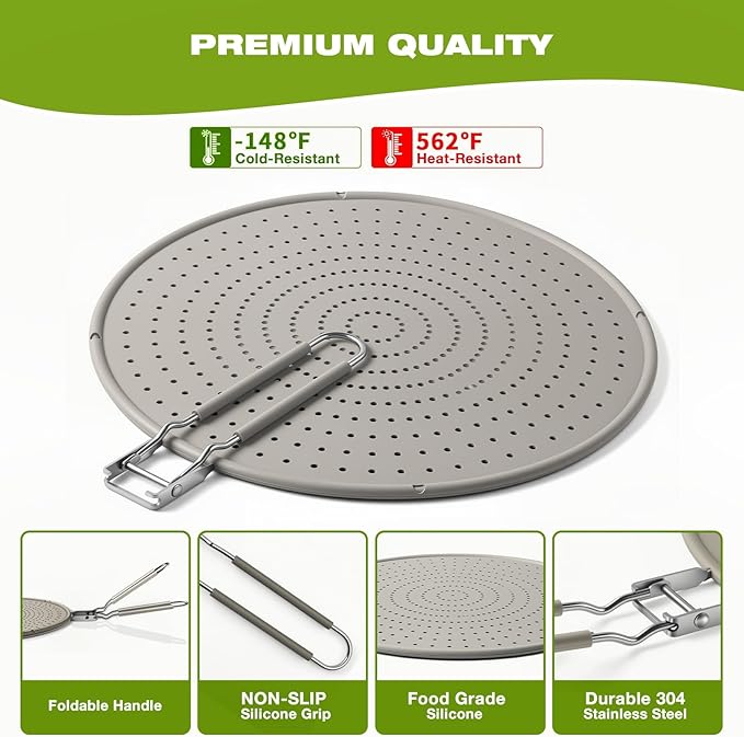 Silicone Splatter Screen for Frying Pan 13 Inch - Grease Splatter Guard with Foldable Handle, Dishwasher Safe & Never Rusts, Fits Most Pans for Stove Top & Bacon Cooking (2pcs)