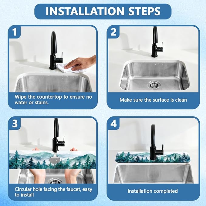 2 Pcs Kitchen Sink Splash Guard Faucet Mats Watercolor Forest Pattern Faucet Mat for Sinks Absorbing Drying Mat for Kitchen Bathroom, 23.6x5.5inch