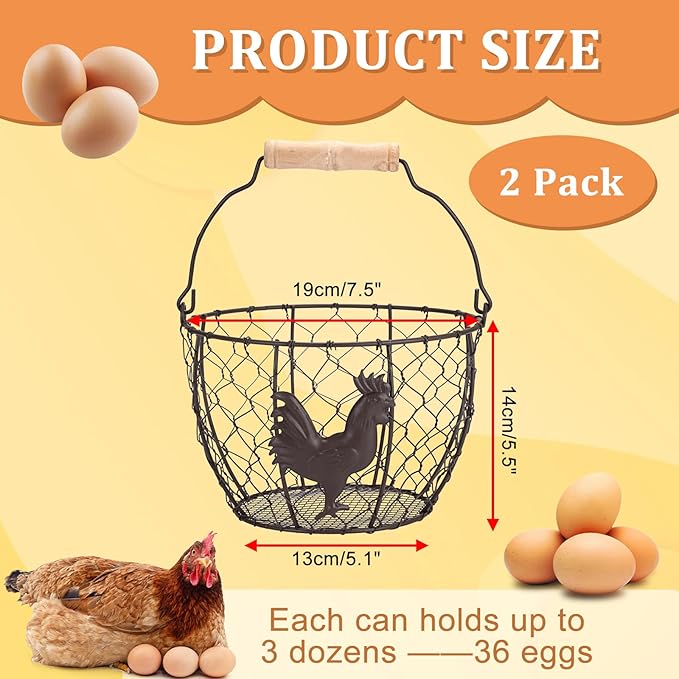 2 PCS OGANAZI Farmhouse Egg 8'' Basket for Gathering Fresh Eggs, Rustic Metal Wire Chicken Eggs Holder Basket for Countertop Kitchen, Wire Egg Basket Vintage Style, Round, Rooster Pattern