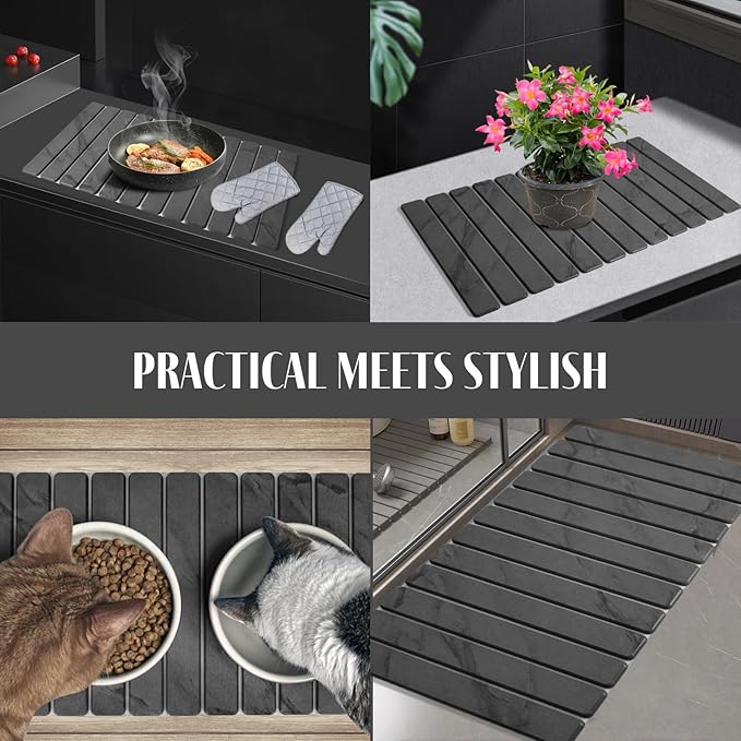 2 PCS Extra Large Stone Dish Drying Mat for Kitchen Counter, 28"×16" Marble Dish Drying Mat with 8"x 4" Coasters, Non - Slip Collapsible Absorbent Mat for Multi - Purpose, Match Any Countertop