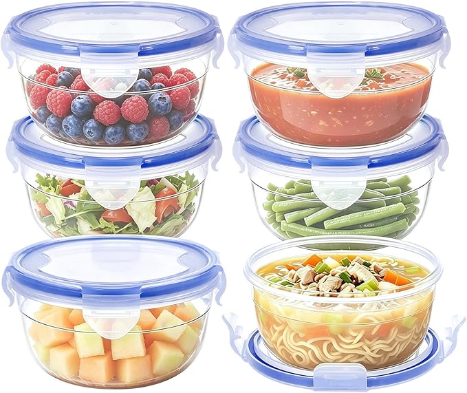 KIGI Round Food Storage Container, Leakproof Plastic Bowls with Lid Set for Soup, Snack, Fruit, Meal Prep & Lunch, 4 Sided Locking Airtight Lid, BPA Free, 20 oz / 2.5 Cup, 12 Piece Set