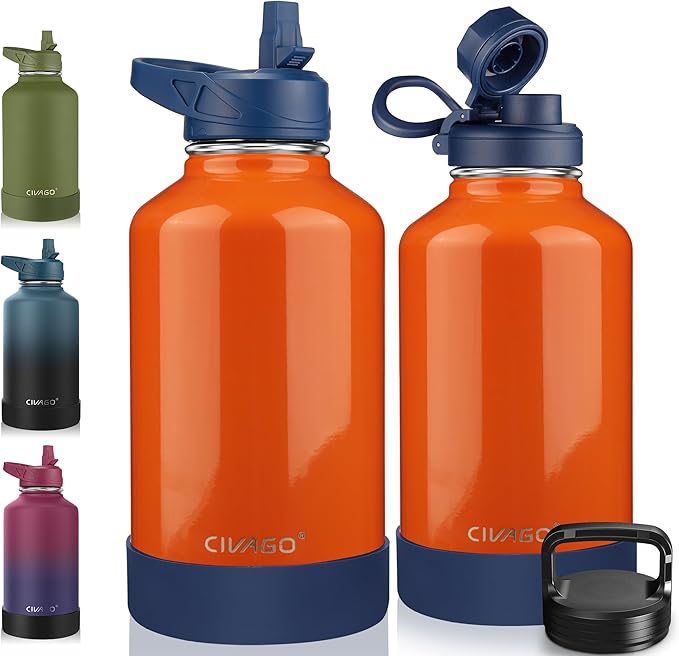 CIVAGO 64 oz Insulated Water Bottle With Straw, Half Gallon Stainless Steel Sports Water Flask Jug with 3 Lids (Straw, Spout and Handle Lid), Large Metal Thermal Cup Mug, Deep Orange