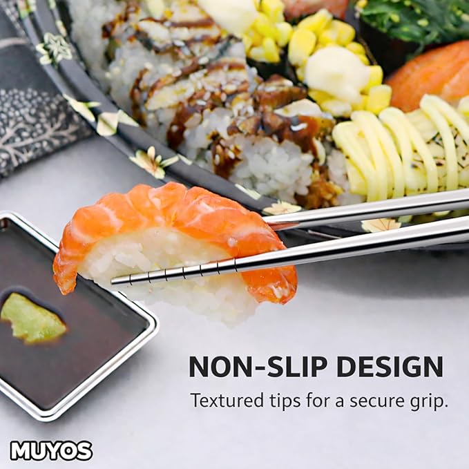 Stainless Steel Chopsticks 5 Pairs Reusable Multicolor Lightweight 304 Metal Chopsticks Square Lightweight Non-Slip Chop Sticks Dishwasher Safe Gift Set(Silver Hollow)
